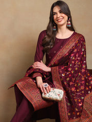 Women Burgundy Poly Chanderi Woven Design Straight Kurta Pant Set With Dupatta