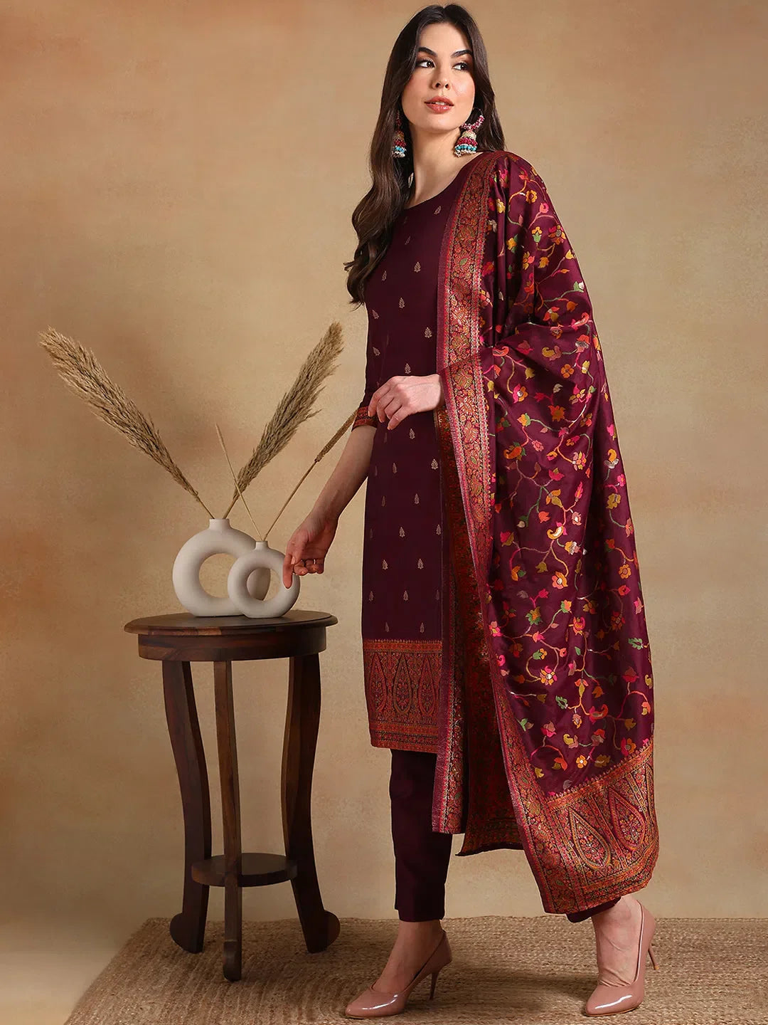 Burgundy Woven Design Kurta Pant Set with Dupatta | Women's Set