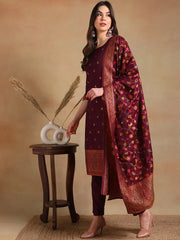 Women Burgundy Poly Chanderi Woven Design Straight Kurta Pant Set With Dupatta