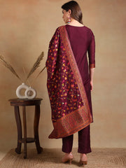 Women Burgundy Poly Chanderi Woven Design Straight Kurta Pant Set With Dupatta