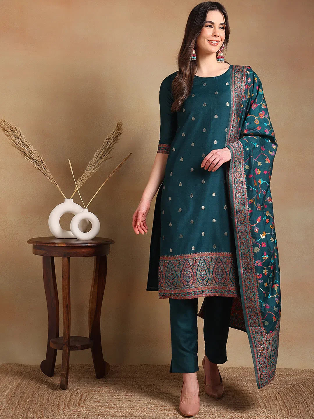 Women Teal Poly Chanderi Woven Design Straight Kurta Pant Set With Dupatta