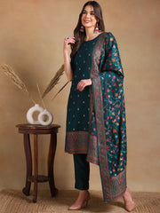 Women Teal Poly Chanderi Woven Design Straight Kurta Pant Set With Dupatta