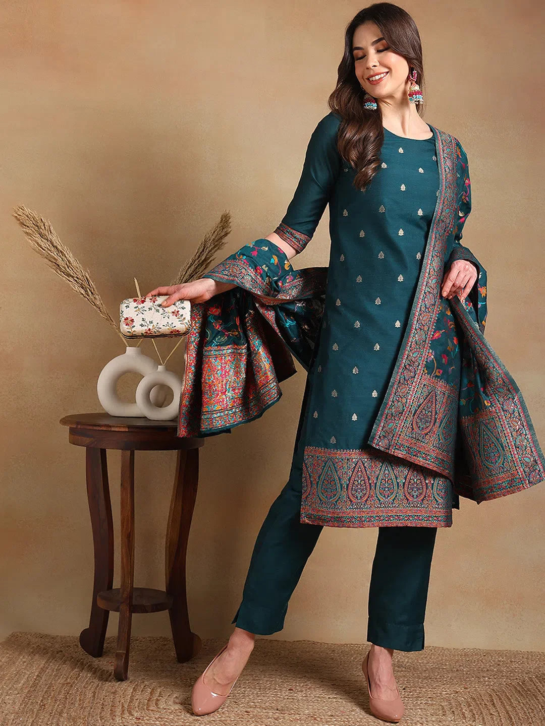Teal Woven Design Kurta Pant Set with Dupatta | Indian Kurta Sets