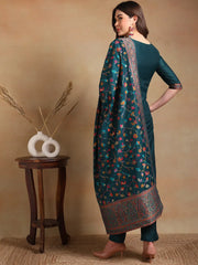 Women Teal Poly Chanderi Woven Design Straight Kurta Pant Set With Dupatta