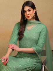 Women Green Silk Blend Embroidered Straight Kurta Pant Set With Dupatta-PKSKD2308