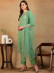 Women Green Silk Blend Embroidered Straight Kurta Pant Set With Dupatta-PKSKD2308