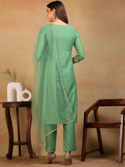 Women Green Silk Blend Embroidered Straight Kurta Pant Set With Dupatta-PKSKD2308