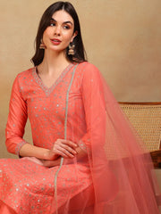 Women Coral Silk Blend Embroidered Straight Kurta Pant Set With Dupatta