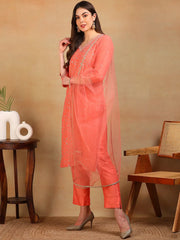Women Coral Silk Blend Embroidered Straight Kurta Pant Set With Dupatta