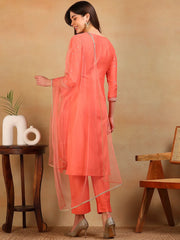 Women Coral Silk Blend Embroidered Straight Kurta Pant Set With Dupatta
