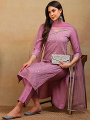 Women Lavender Silk Blend Embroidered Straight Kurta Pant Set With Dupatta-PKSKD2310