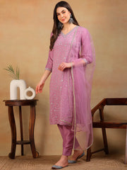 Women Lavender Silk Blend Embroidered Straight Kurta Pant Set With Dupatta-PKSKD2310