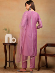 Women Lavender Silk Blend Embroidered Straight Kurta Pant Set With Dupatta-PKSKD2310