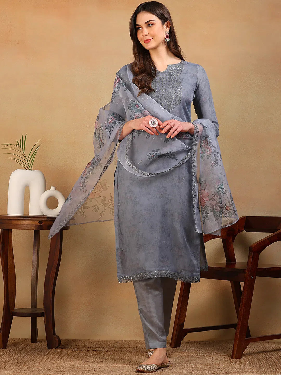 Women Grey Organza Embroidered Straight Kurta Pant Set With Dupatta-PKSKD2311
