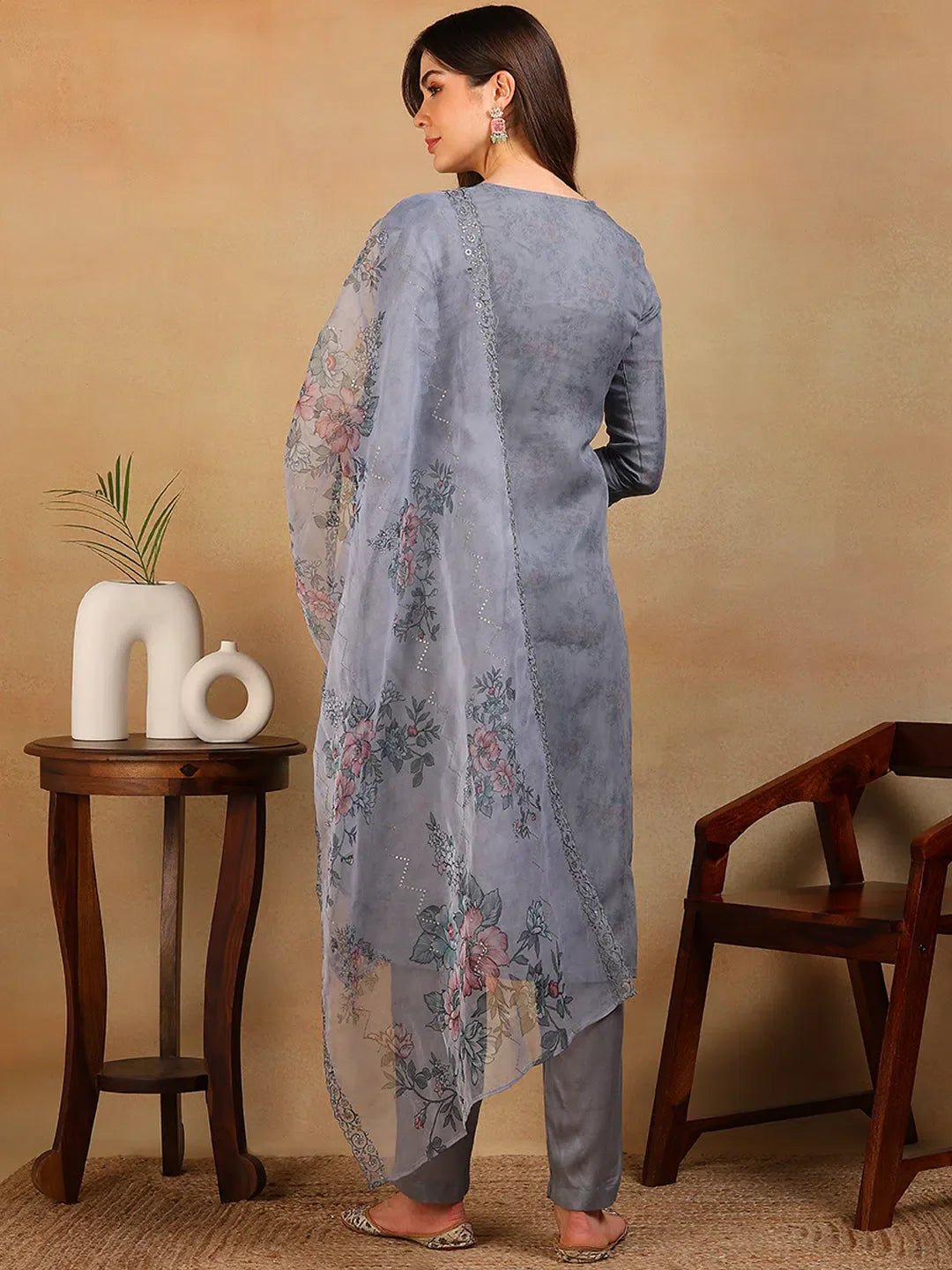 Classic Grey Embroidered Kurta Pant Set with Dupatta-Indian Kurta Sets
