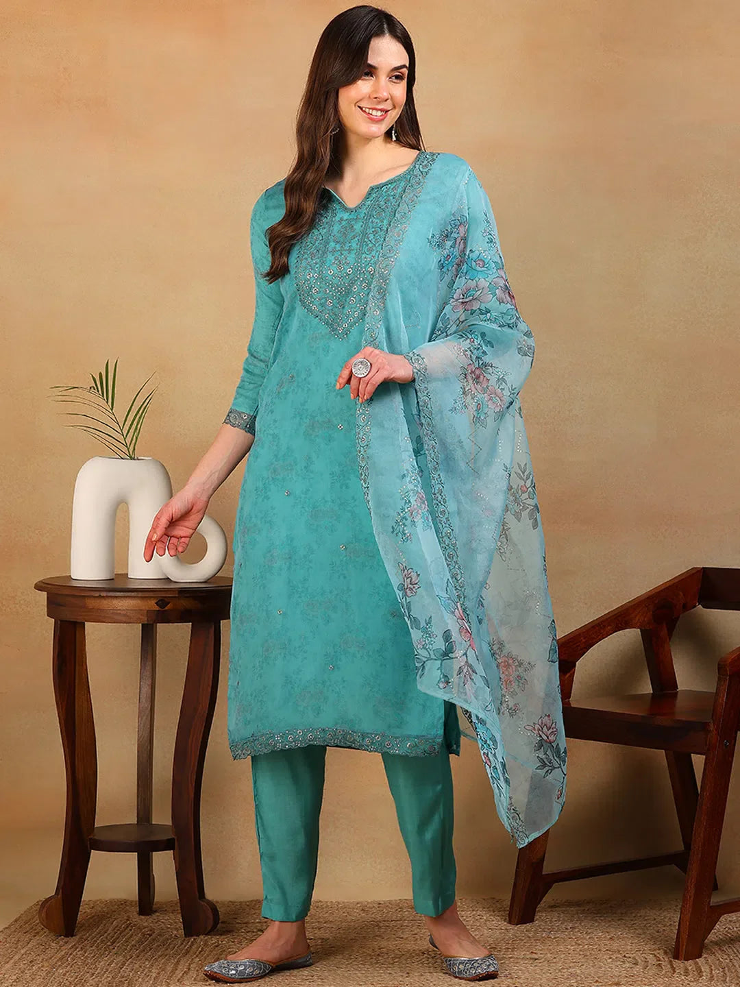 Turquoise Organza Kurta Pant Set | Designer Women's Kurta Sets