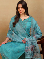 Women Turquoise Blue Organza Embroidered Straight Kurta Pant Set With Dupatta