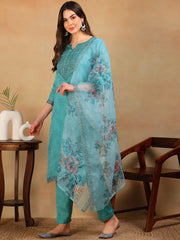Women Turquoise Blue Organza Embroidered Straight Kurta Pant Set With Dupatta