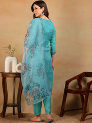 Women Turquoise Blue Organza Embroidered Straight Kurta Pant Set With Dupatta