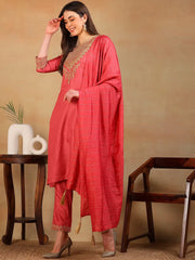 Women Rust Silk Blend Embroidered Straight Kurta Pant Set With Dupatta-PKSKD2315