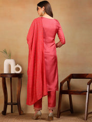 Women Rust Silk Blend Embroidered Straight Kurta Pant Set With Dupatta-PKSKD2315