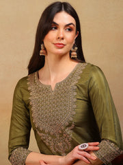 Women Olive Silk Blend Embroidered Straight Kurta Pant Set With Dupatta-PKSKD2316