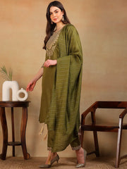 Women Olive Silk Blend Embroidered Straight Kurta Pant Set With Dupatta-PKSKD2316