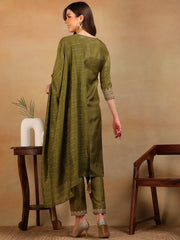 Women Olive Silk Blend Embroidered Straight Kurta Pant Set With Dupatta-PKSKD2316