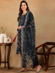 Women Navy Blue Organza Embroidered Straight Kurta Pant Set With Dupatta