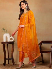 Women Mustard Silk Blend Embroidered Straight Kurta Pant Set With Dupatta