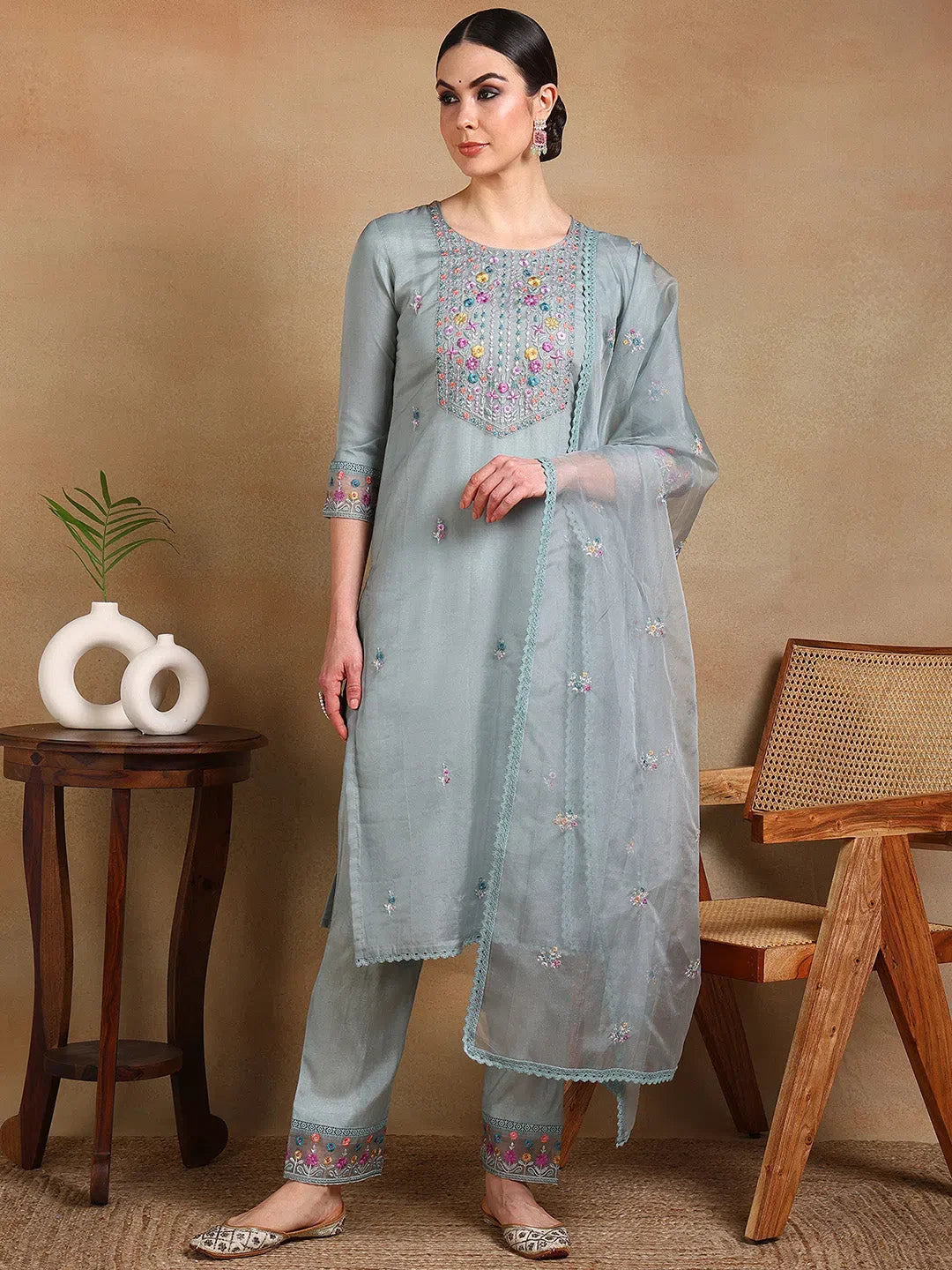 Grey Organza Kurta Set with Dupatta | Indian Women's Kurta Sets
