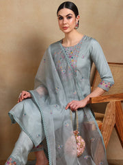 Women Grey Organza Embroidered Straight Kurta Pant Set With Dupatta-PKSKD2323