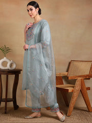Women Grey Organza Embroidered Straight Kurta Pant Set With Dupatta-PKSKD2323