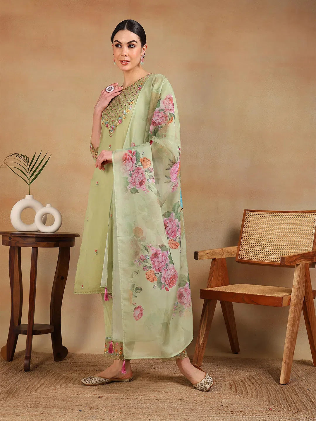 Green Organza Kurta Set | Embroidered Indian Kurta with Dupatta