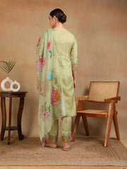 Women Green Organza Embroidered Straight Kurta Pant Set With Dupatta-PKSKD2325
