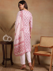 Women Off White Rayon Blend Printed Straight Kurta Pant Set With Dupatta
