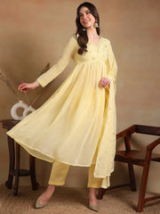 Women Yellow Poly Georgette Embroidered A-Line Kurta Pant Set With Dupatta