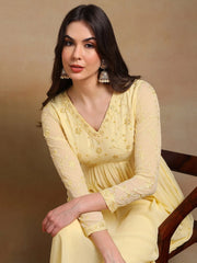 Women Yellow Poly Georgette Embroidered A-Line Kurta Pant Set With Dupatta