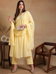 Women Yellow Poly Georgette Embroidered A-Line Kurta Pant Set With Dupatta