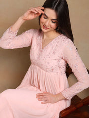 Women Pink Poly Georgette Embroidered A-Line Kurta Pant Set With Dupatta
