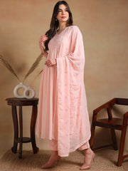 Women Pink Poly Georgette Embroidered A-Line Kurta Pant Set With Dupatta