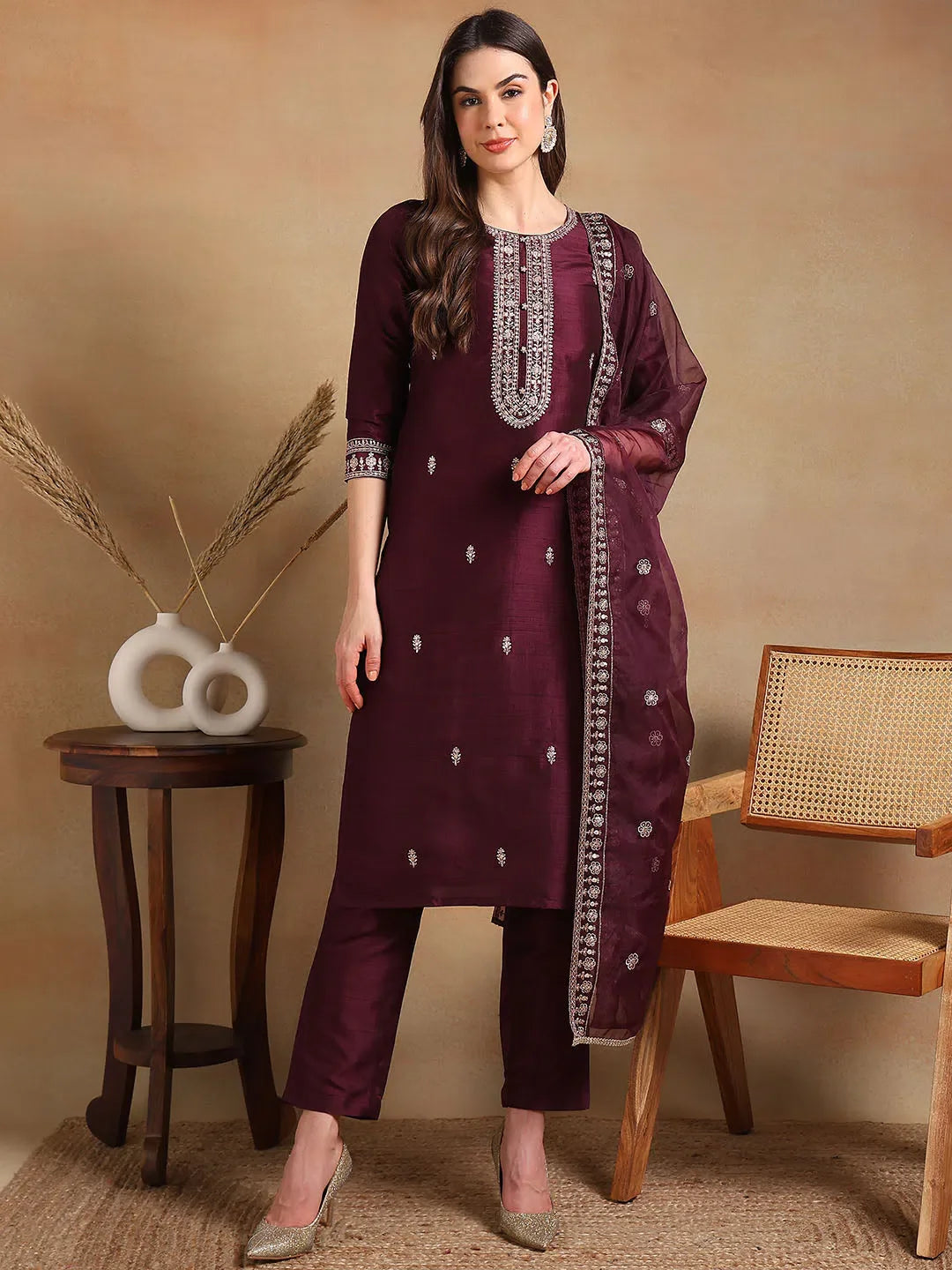 Women Burgundy Silk Blend Embroidered Straight Kurta Pant Set With Dupatta-PKSKD2334