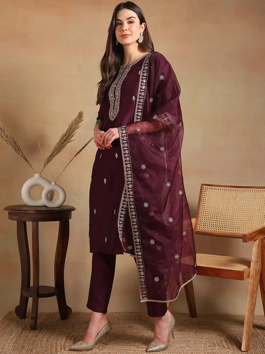 Burgundy Women's Kurta Set with Dupatta | Designer Kurta Sets