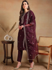 Women Burgundy Silk Blend Embroidered Straight Kurta Pant Set With Dupatta-PKSKD2334