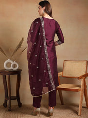 Women Burgundy Silk Blend Embroidered Straight Kurta Pant Set With Dupatta-PKSKD2334