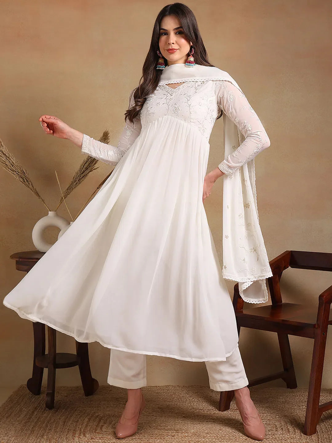 Women Off White Poly Georgette Embroidered A-Line Kurta Pant Set With Dupatta