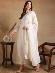 Women Off White Poly Georgette Embroidered A-Line Kurta Pant Set With Dupatta