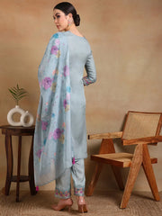 Women Grey Organza Embroidered Straight Kurta Pant Set With Dupatta-PKSKD2338