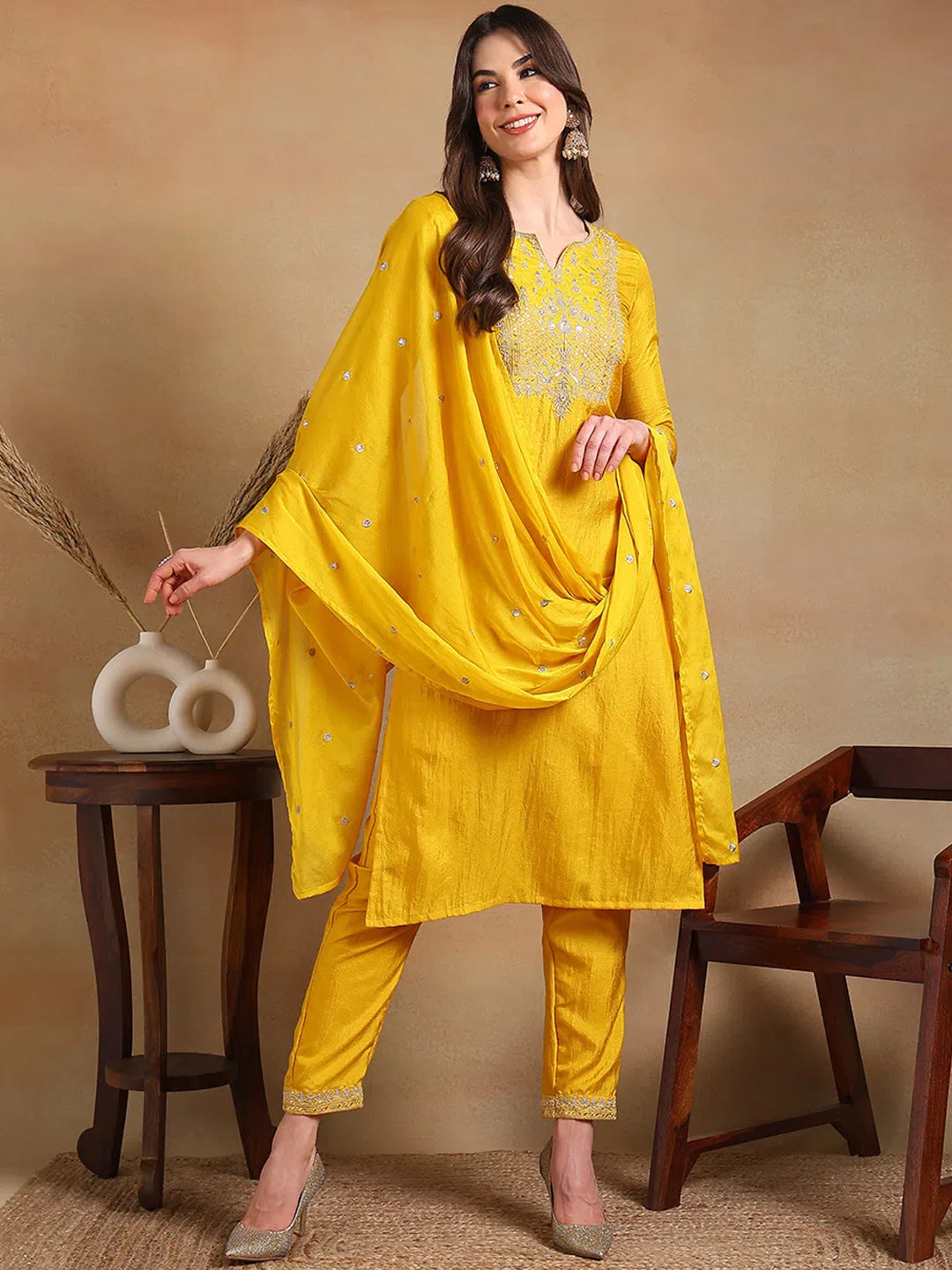 Yellow Embroidered Kurta Pant Set with Dupatta | Women's Kurta