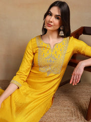 Women Yellow Silk Blend Embroidered Straight Kurta Pant Set With Dupatta-PKSKD2340